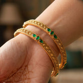 Matte Gold Plated Green Kemp Stone Bangles