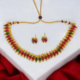 Multi-colour Kemp Stone Antique Mango Necklace Set with red and green stones and matching ear studs
