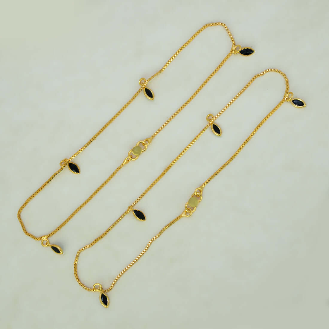 Gold Plated Box Chain Stone Charm Anklets - Black