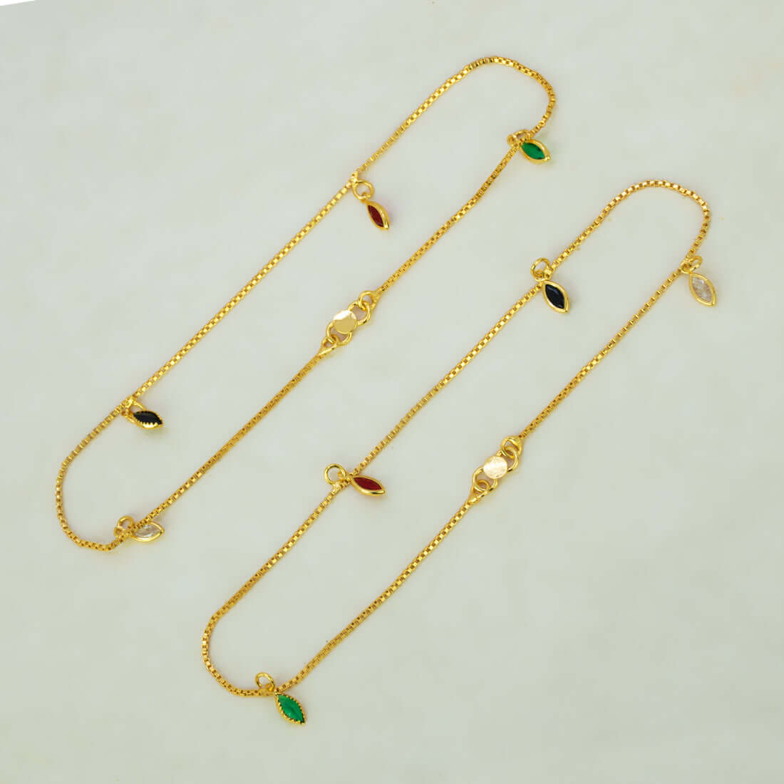 Gold Plated Box Chain Stone Charm Anklets - Multi