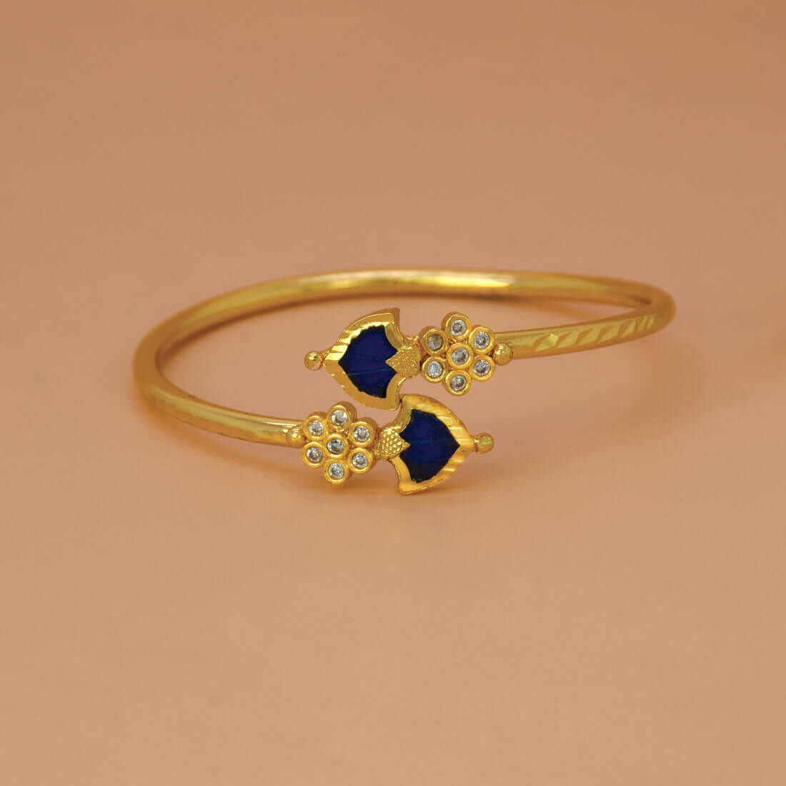 Gold Plated Floral CZ Stones Open Palakka Bangle - Blue