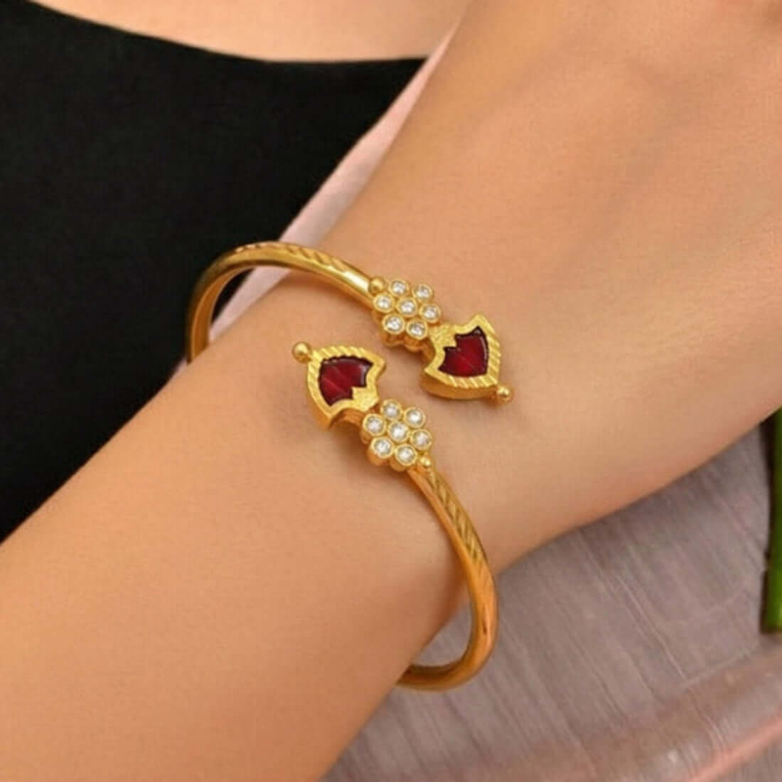 Gold Plated Floral CZ Stones Open Palakka Bangle - Red