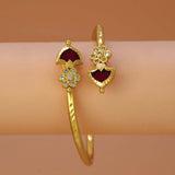 Gold Plated Floral CZ Stones Open Palakka Bangle - Red