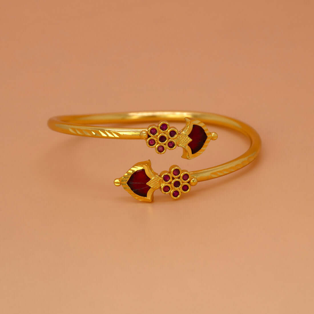 Gold Plated Floral Ruby Stones Open Palakka Bangle - Red