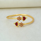 Gold Plated Floral Ruby Stones Open Palakka Bangle - Red