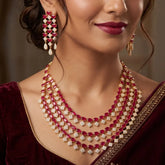 Ruby CZ Stone 3-Layer Necklace Set showcased elegantly with matching earrings.