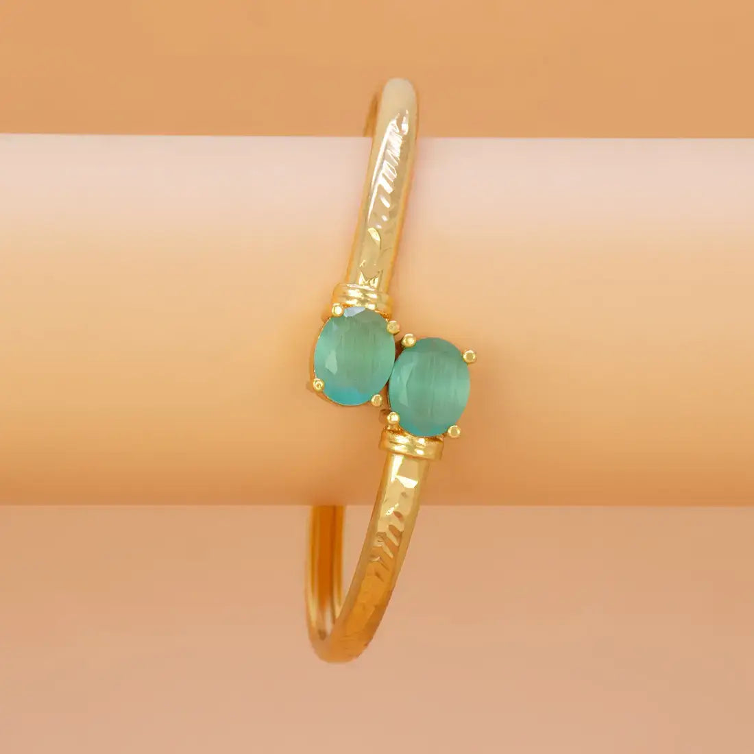 Gold Plated Dual Oval Stone Cuff Bangle - Pastel Green