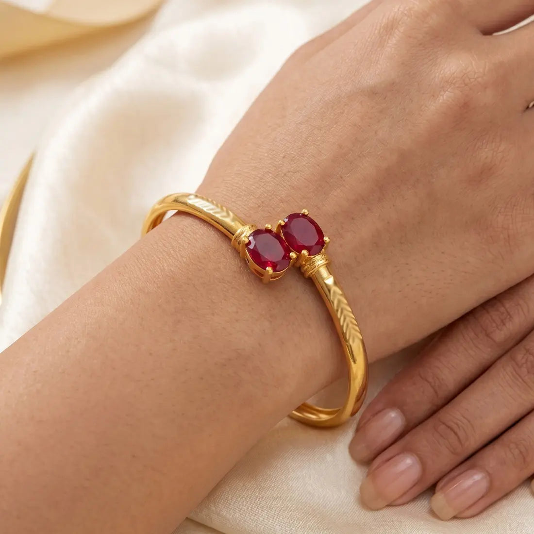 Gold Plated Dual Oval Stone Cuff Bangle - Red
