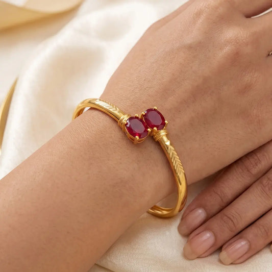 Gold Plated Dual Oval Stone Cuff Bangle - Red
