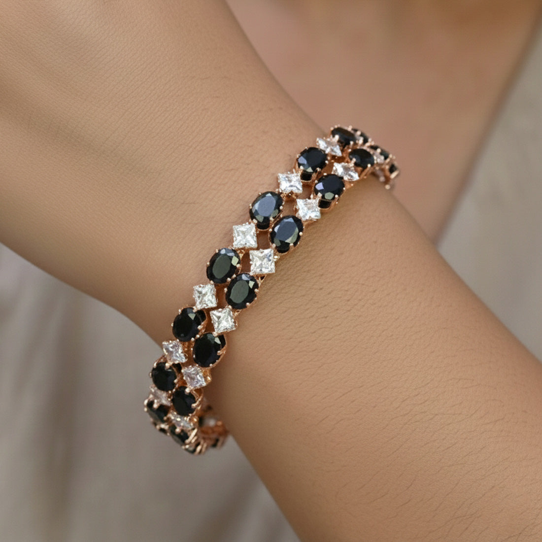 OvalBlackandSquareWhiteCZRoseGoldPlatedBangles