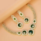 CZ Stone Necklace Set featuring gold-plated design with emerald green stones and sparkling Cubic Zirconia for elegant parties.