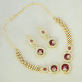 CZ Stone Necklace Set featuring gold-plated design with Ruby Red stones and matching earrings for party wear.