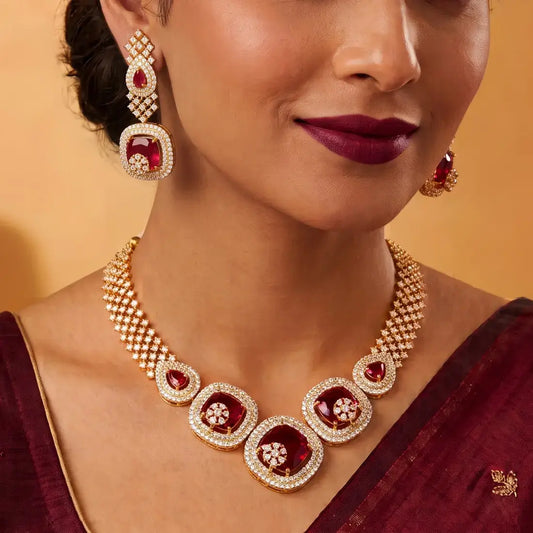 CZ Stone Necklace Set featuring Ruby Red stones, gold-plated, elegant party and wedding jewellery.