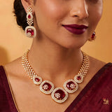 CZ Stone Necklace Set featuring Ruby Red stones, gold-plated, elegant party and wedding jewellery.