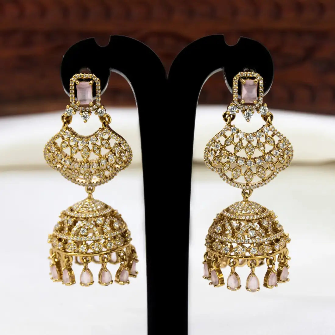 Victorian Pastel Pink CZ Stone Big Jhumka Earrings
