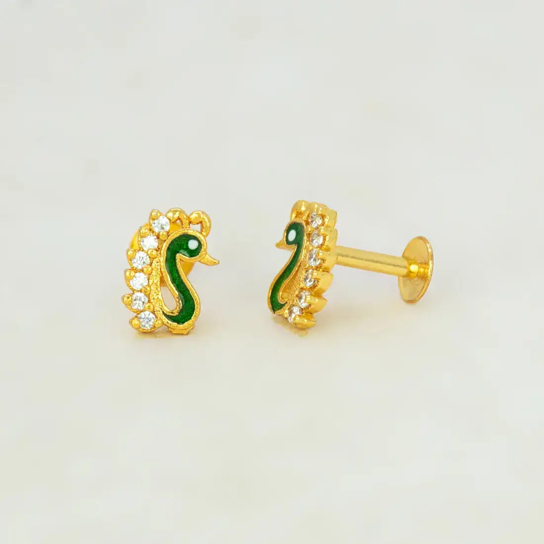 Gold Plated Enamel Peacock Design Stone Ear Studs - CZ