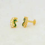 Gold Plated Enamel Peacock Design Stone Ear Studs - CZ