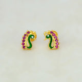 Gold Plated Enamel Peacock Design Stone Ear Studs - Ruby