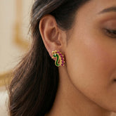 Gold Plated Enamel Peacock Design Stone Ear Studs - Ruby
