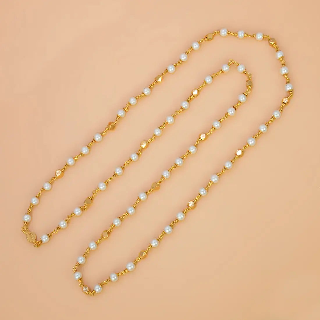 Gold Plated Big Pearl And Golden Beads Mala Chain featuring alternating pearl and golden beads on a gold-plated link chain.