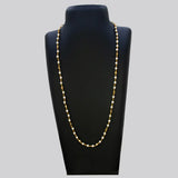 Gold Plated Big Pearl And Golden Beads Mala Chain displayed on a black necklace stand.
