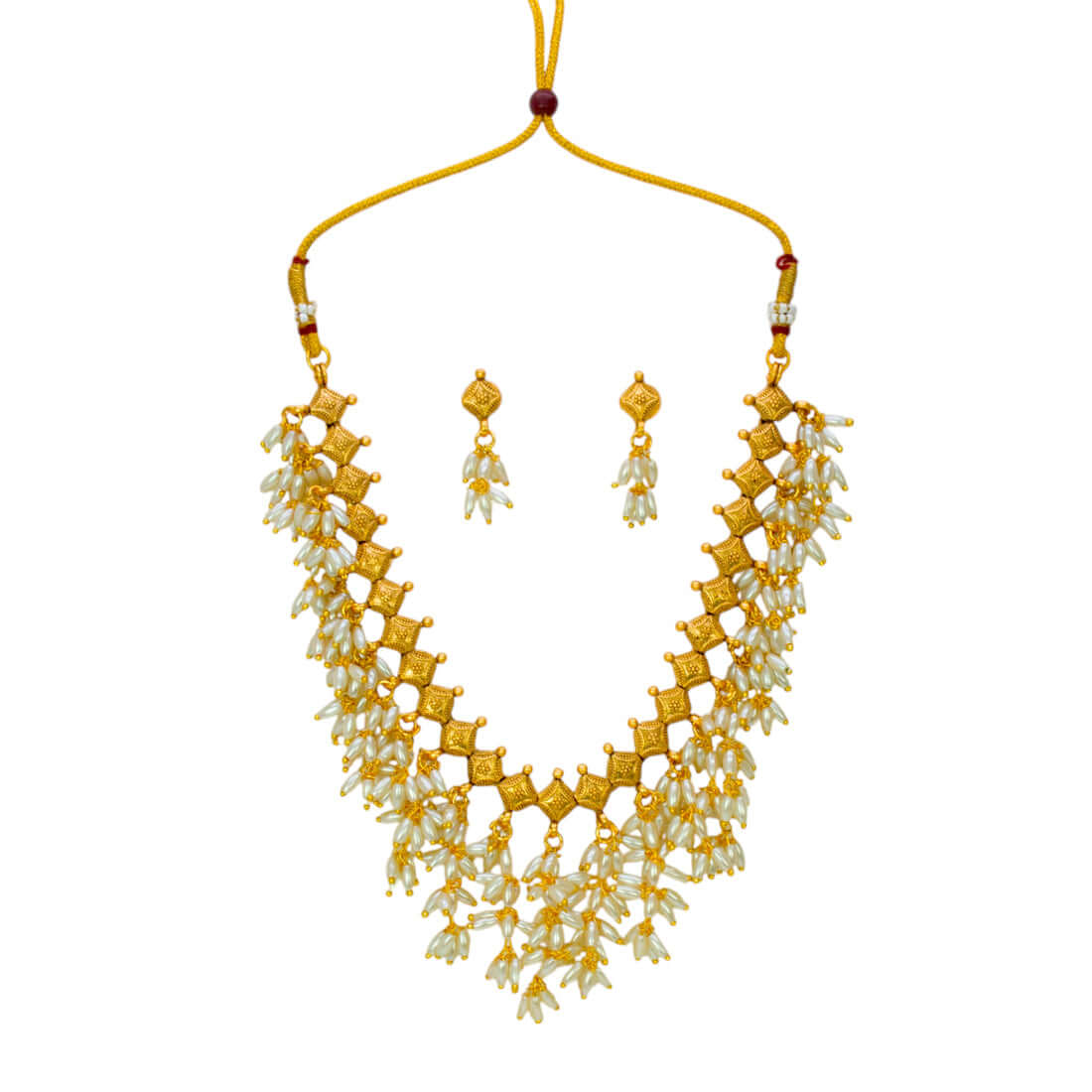 Exquisite Gold Plated Pearl Hanging Choker Necklace Set with dangling pearls and matching earrings.
