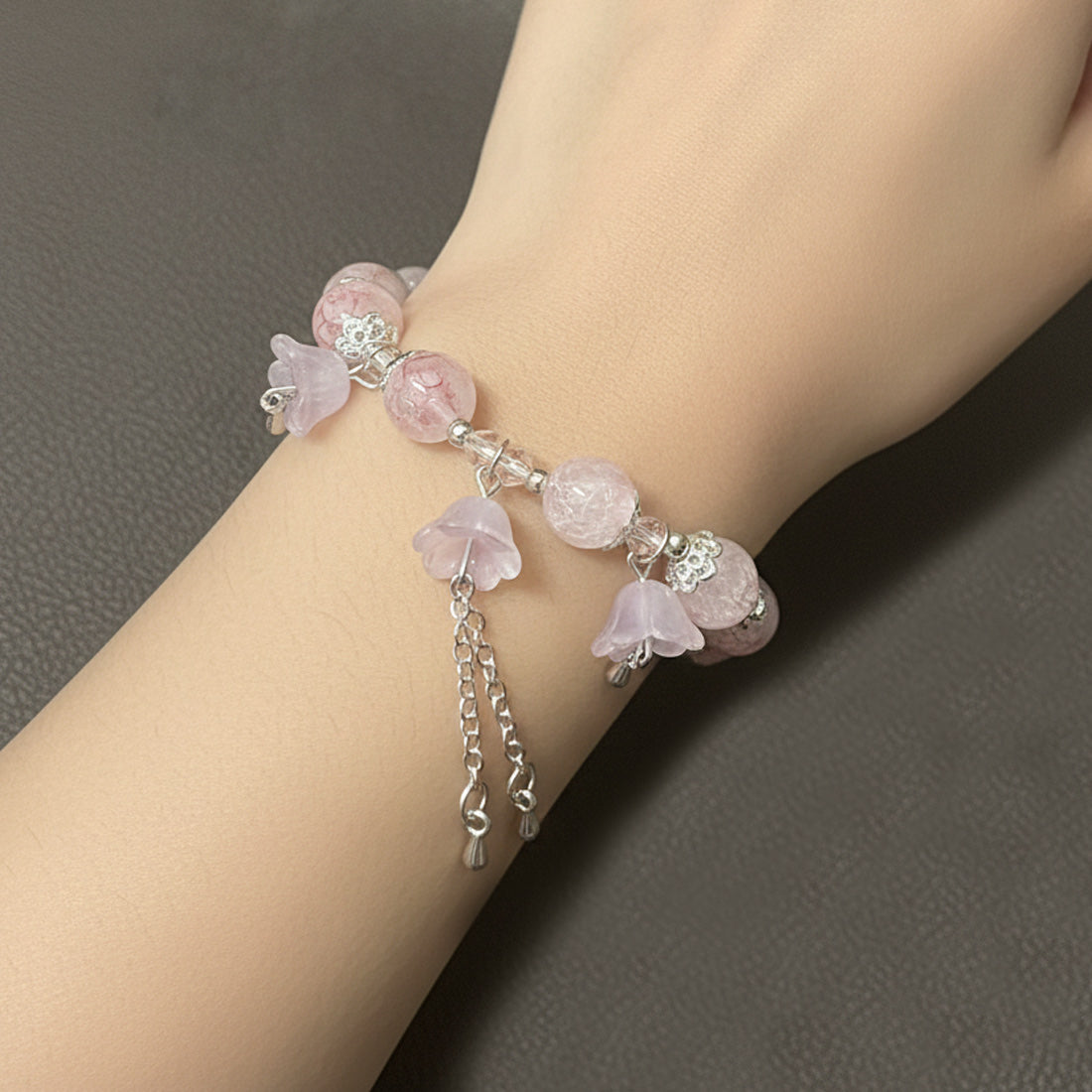 Pink-Crackle-Crystal-Beaded-Floral-Charm-Bracelet