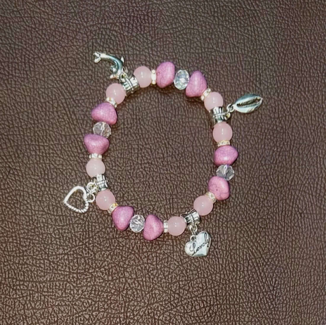 Pink-Crystal-Beaded-Silver-Charms-Bracelet