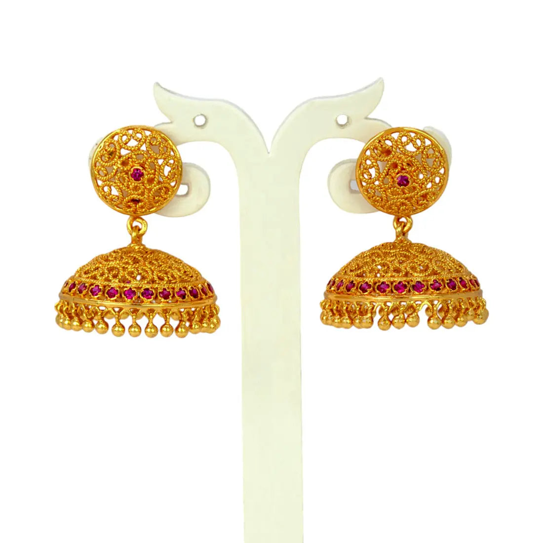 Premium Gold Plated Filigree Ruby Stone Umbrella Jhumka Earrings with floral studs and ruby accents.