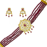Multi-Strand Maroon Crystal Beaded Ruby CZ Choker Set featuring ornate earrings, perfect for special occasions.