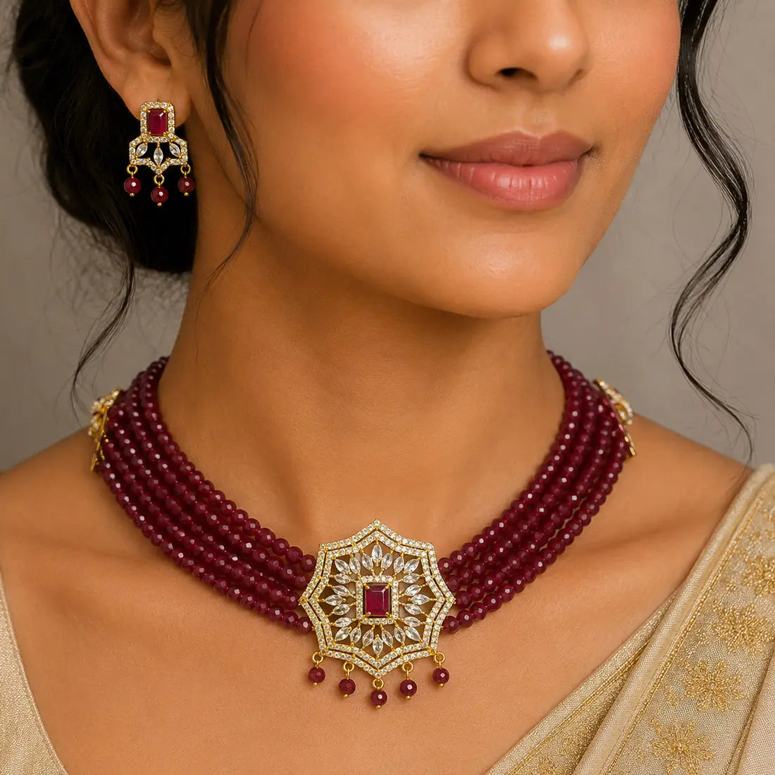 Multi-Strand Maroon Crystal Beaded Ruby CZ Choker Set, elegant jewelry for ladies, maroon crystal beaded choker set.