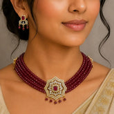 Multi-Strand Maroon Crystal Beaded Ruby CZ Choker Set, elegant jewelry for ladies, maroon crystal beaded choker set.