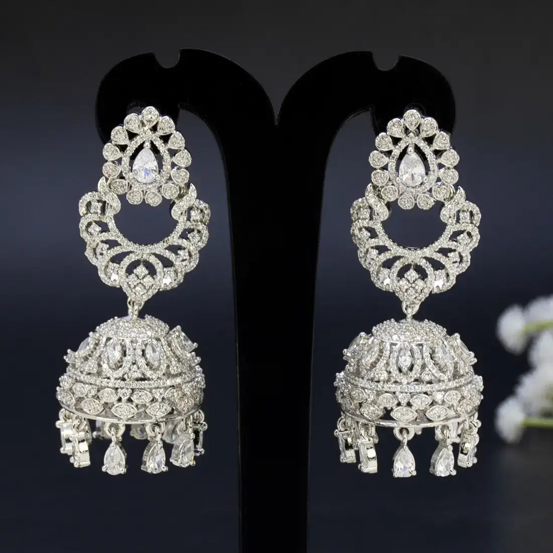 Rhodium-Plated American Diamond Bridal Jhumka Earrings with intricate design and sparkling cubic zirconia.