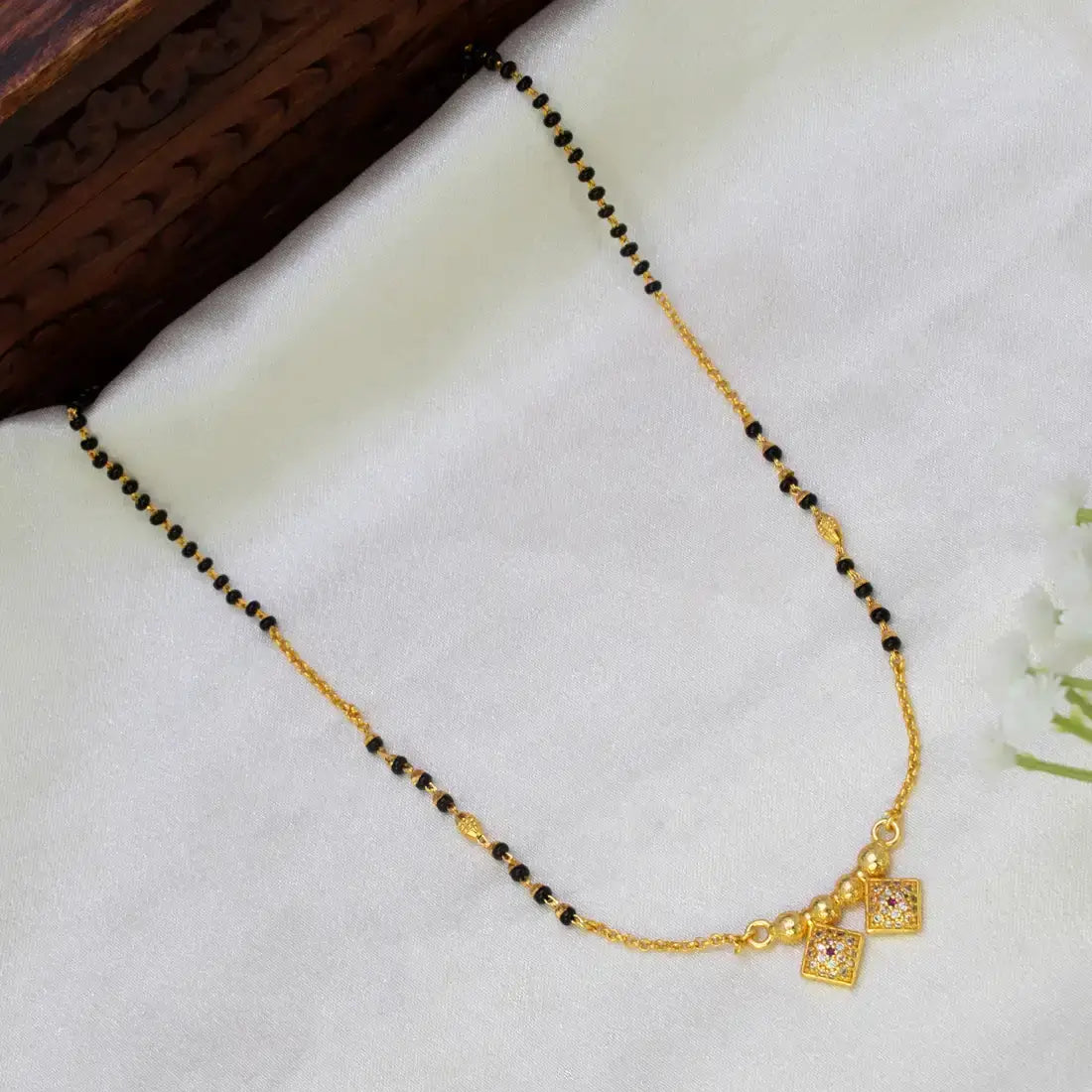 Gold Plated Dual Square CZ Pendant Mangalsutra Necklace with black beads and delicate gold links.