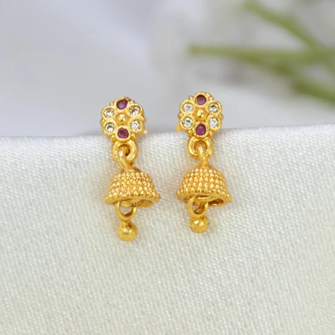 Floral Ruby CZ Stone Small Kids Jhumka