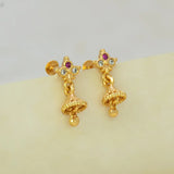 Ruby CZ Stone Small Kids Jhumka - delicate gold floral stud with ruby centre stone and jhumka bell.