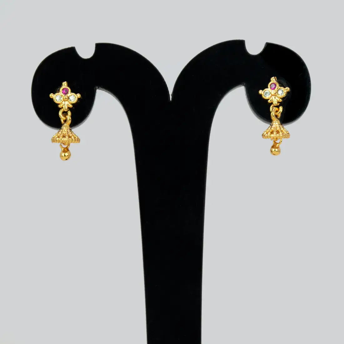 Ruby CZ Stone Small Kids Jhumka earrings with gold floral studs and miniature jhumka bells.