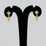 Ruby CZ Stone Small Kids Jhumka earrings with gold floral studs and miniature jhumka bells.