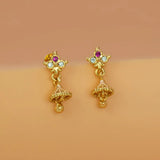 Ruby CZ Stone Small Kids Jhumka earrings featuring gold floral studs and dainty jhumka bells.