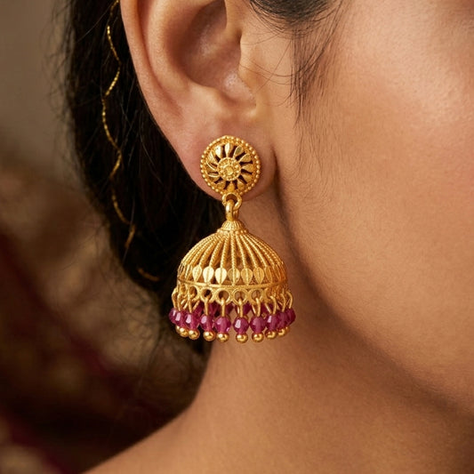 Gold Plated Ruby Red Crystal Hanging Jhumka Earrings