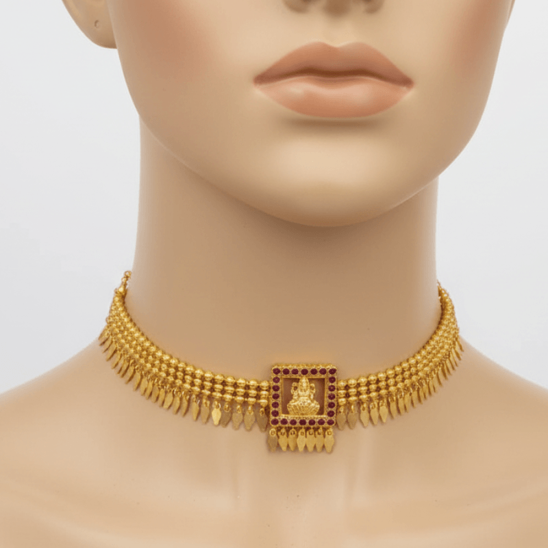 A Beaded Gold Plated Ruby Square Lakshmi Elakkathali Choker, displayed on a mannequin