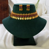 Kemp Stone Antique Gold Plated Elakkathali Necklace Set with vibrant kemp stones and gold leaf drops.