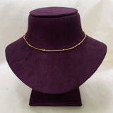 A short gold-plated beaded box chain - 15 Inches with small bead-like links displayed on a dark purple velvet jewelry bust against a light beige background.