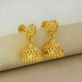 Net Design Gold Plated Filigree Jhumka Earrings showcasing intricate gold lattice design and traditional craftsmanship.