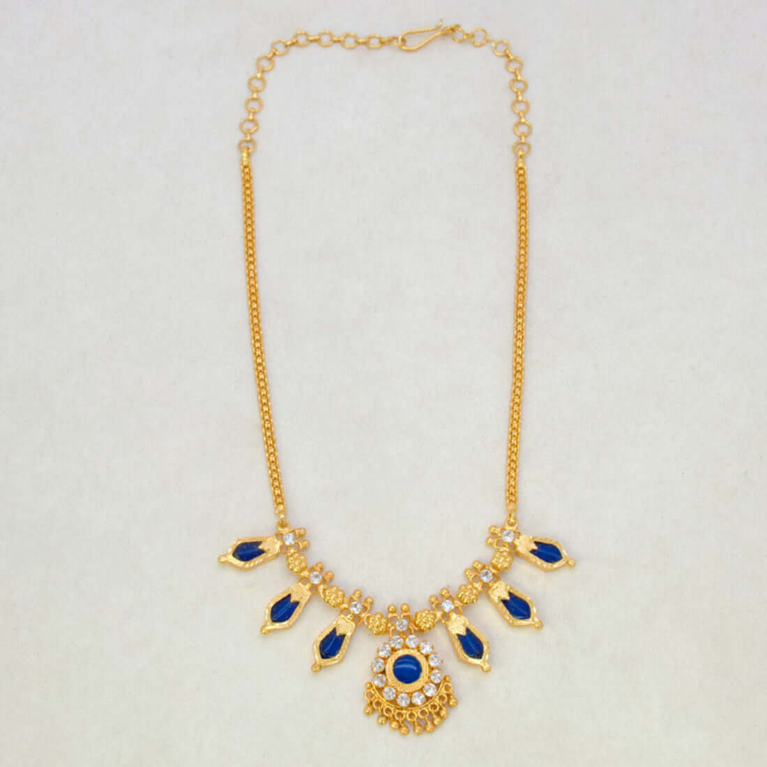 Small Gold Plated Nagapadam Necklace for Girls - 3 Stones Blue