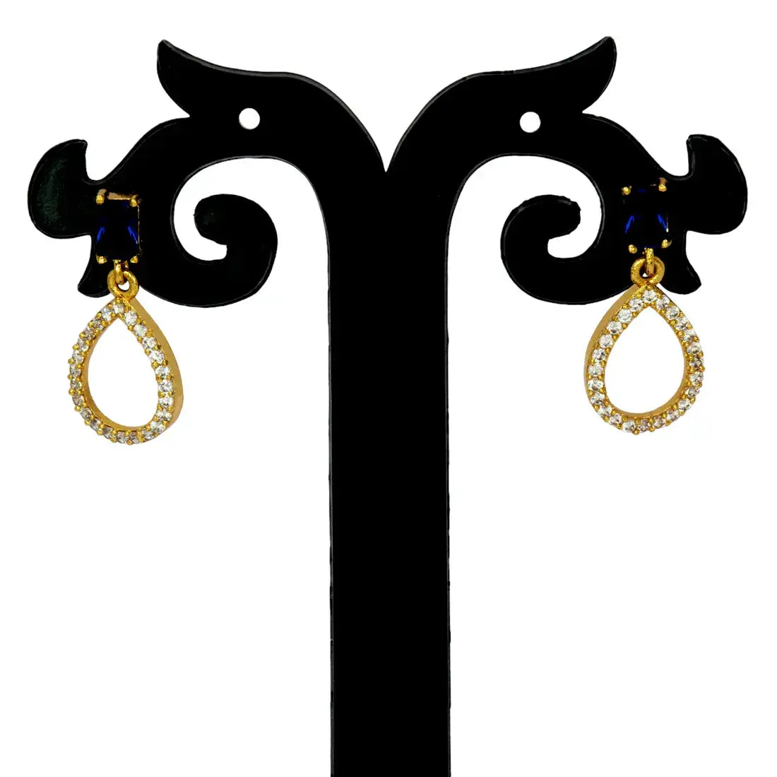 Sparkling Blue Sapphire Stone Studs CZ Drop Earrings displayed on a stylish earring stand with golden accents.