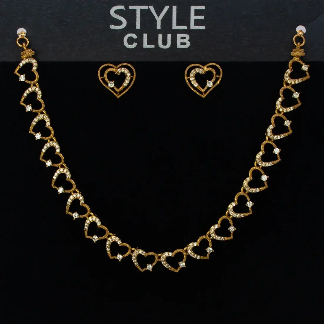 Victorian Antique Gold Stone Heart Necklace Set with heart-shaped links and sparkling stones, elegant design.