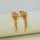 Stylish Gold Plated Box Chain Tassels Floral Stone Earrings