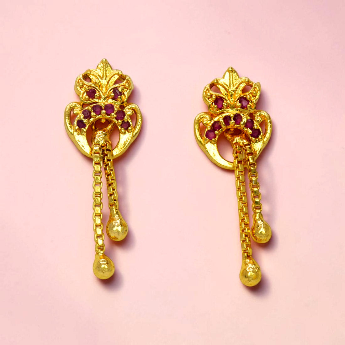 Stylish Gold Plated Box Chain Tassels Stone Earrings - Ruby