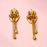 Stylish Gold Plated Box Chain Tassels Stone Earrings - Ruby